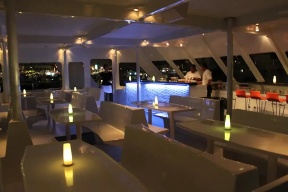 Interior lounge and bar with evening lighting