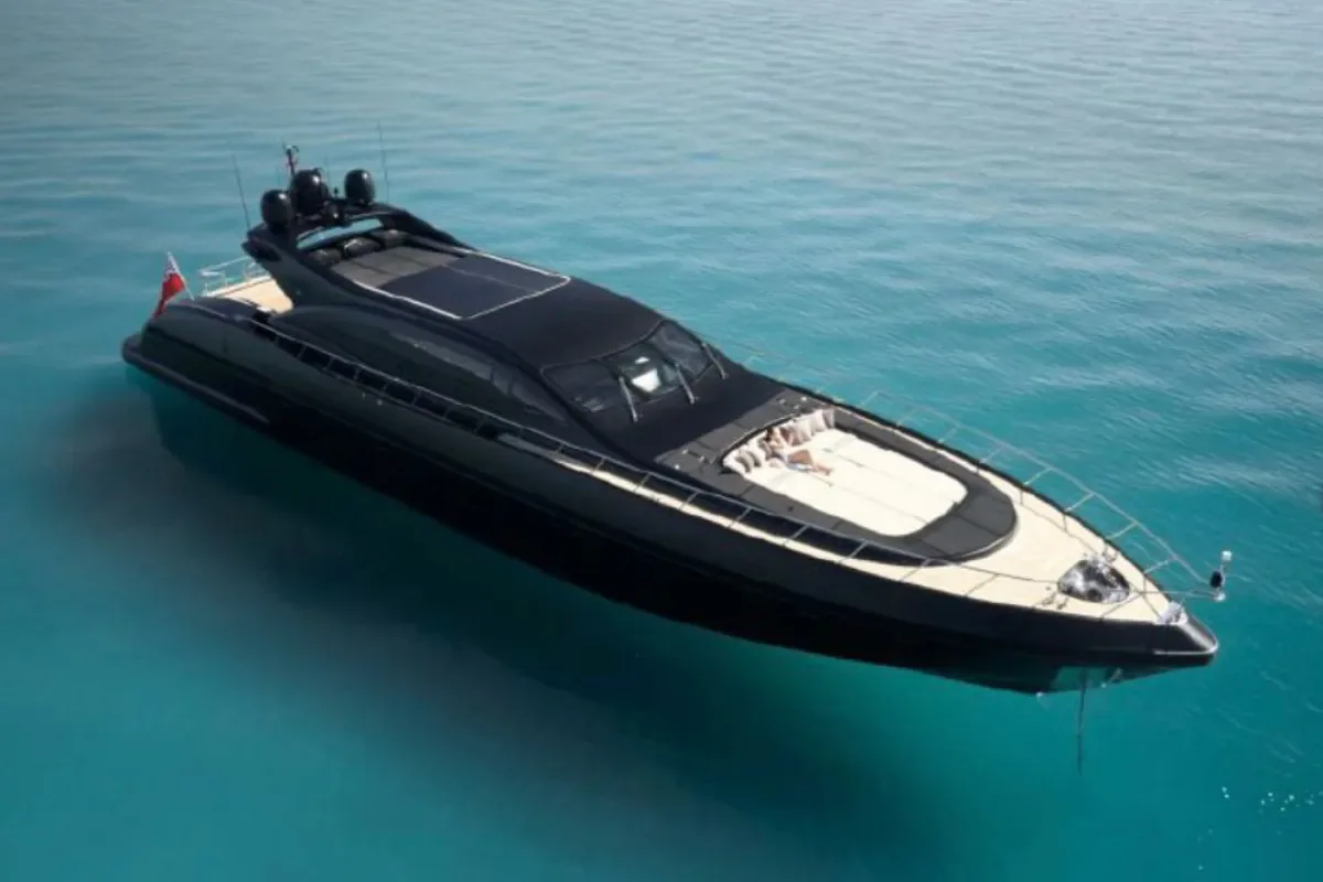 Aerial view of the Mangusta at anchor