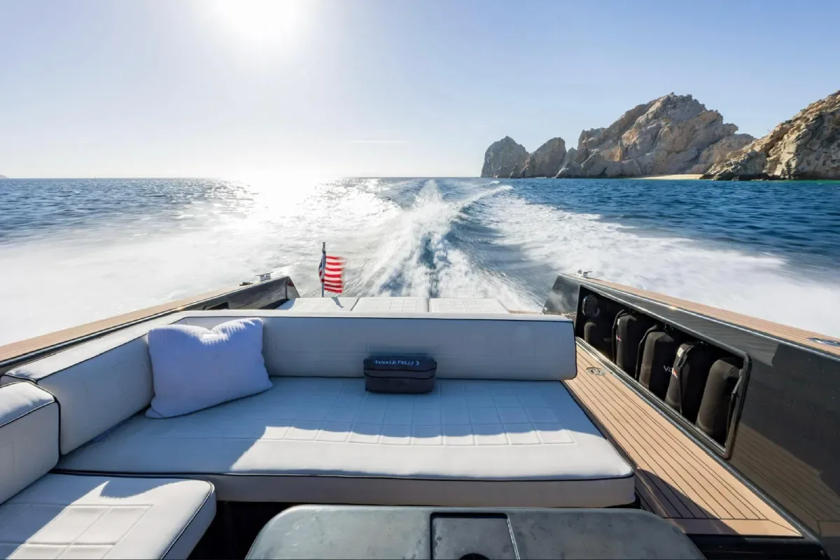 VanDutch sun deck underway with the Cabo coastline behind