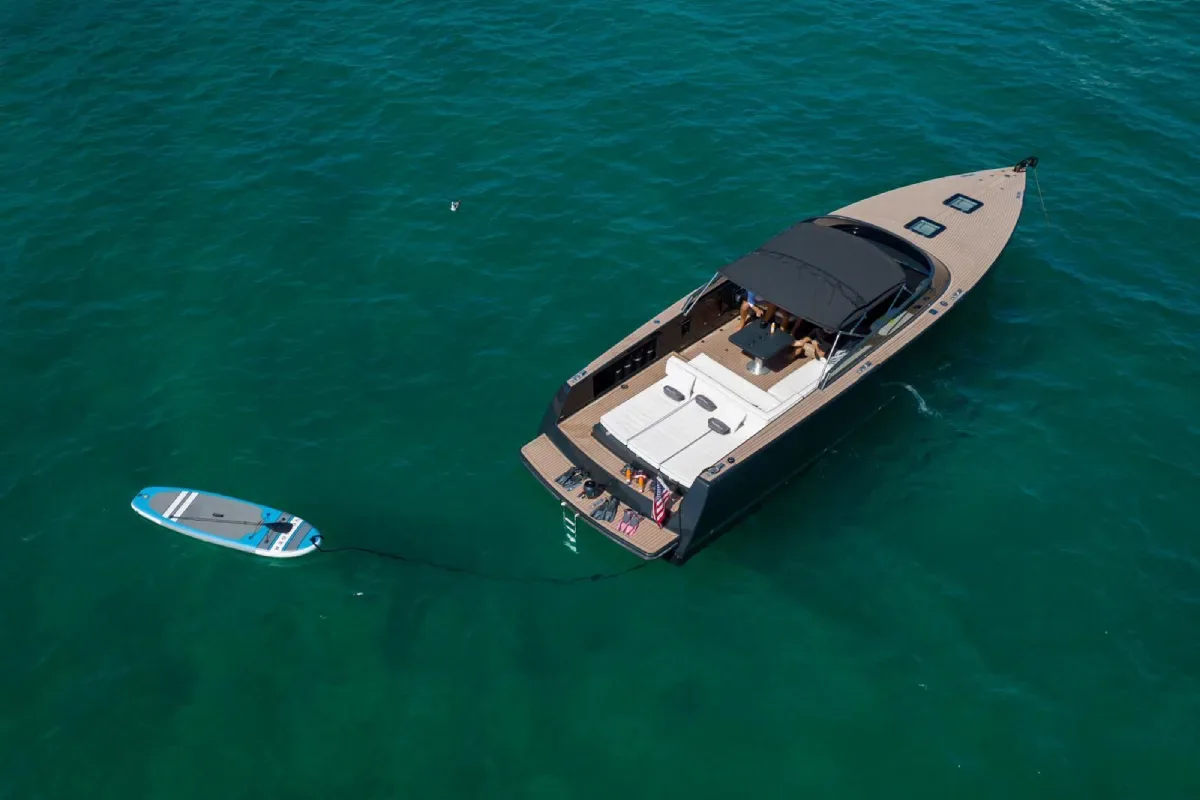 Aerial view of the VanDutch at anchor with a paddleboard