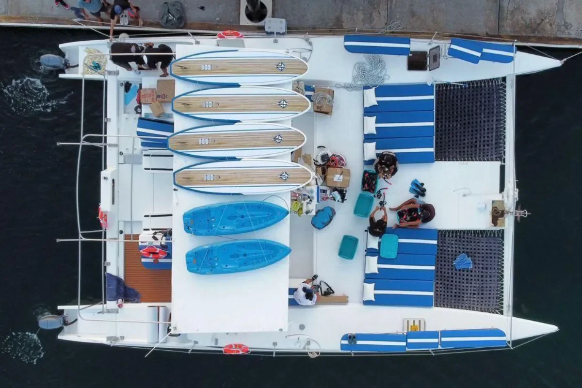 Aerial view of the Party Cat with paddleboards on deck