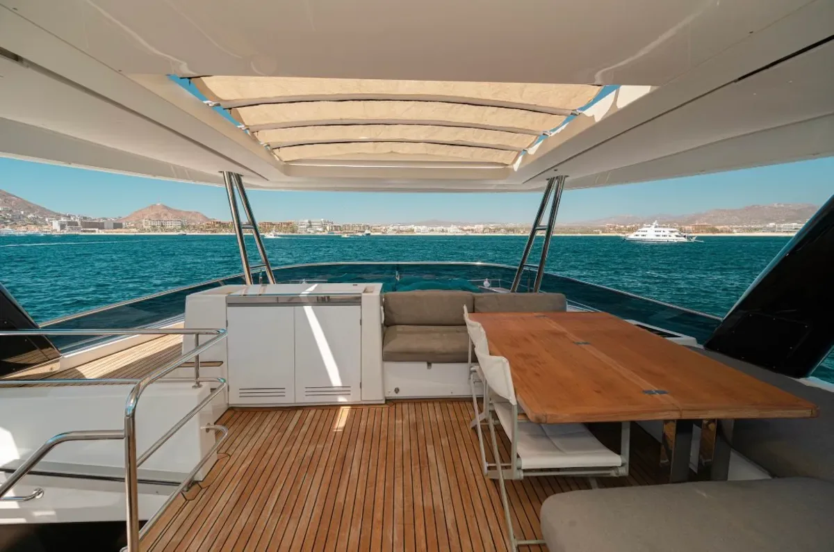Flybridge dining and lounge on the 63' Lagoon