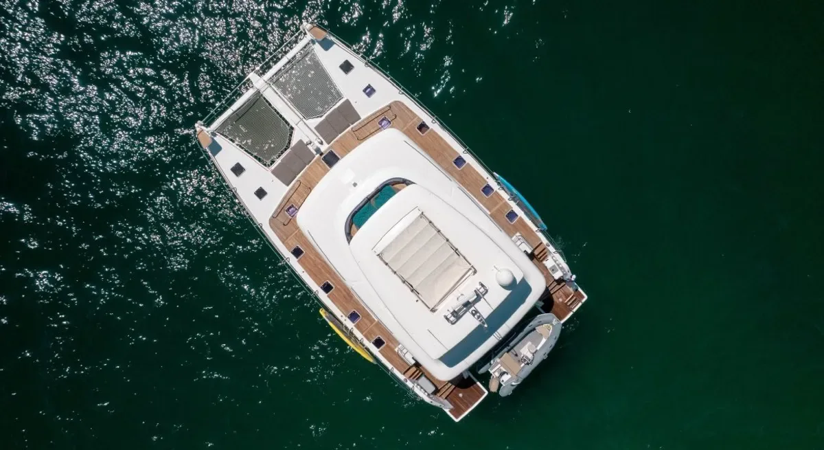 Aerial view of the Lagoon's foredeck and flybridge