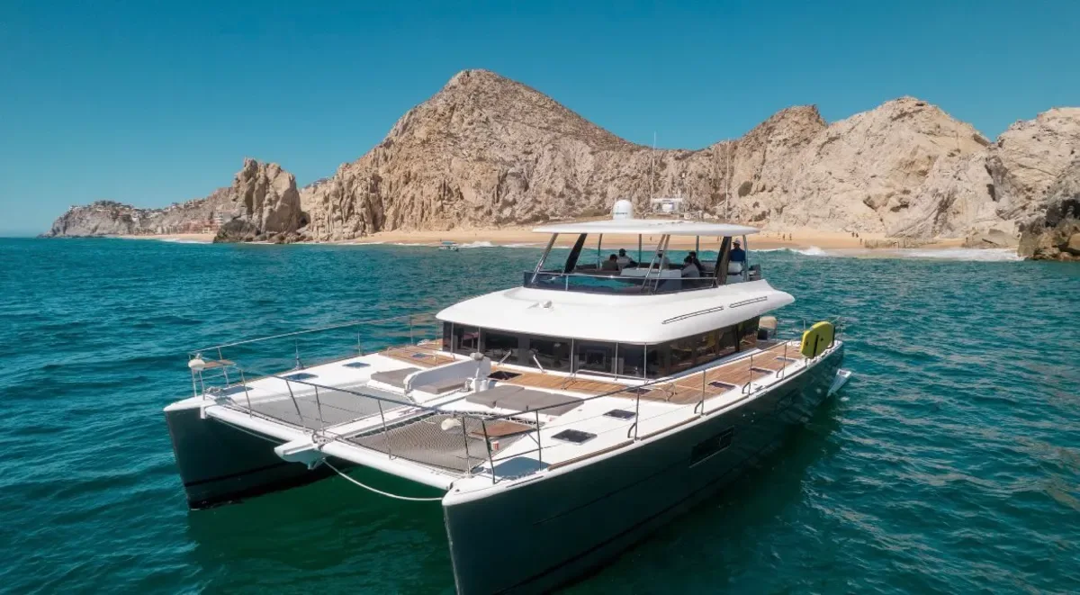 The 63' Lagoon anchored near the Land's End rocks