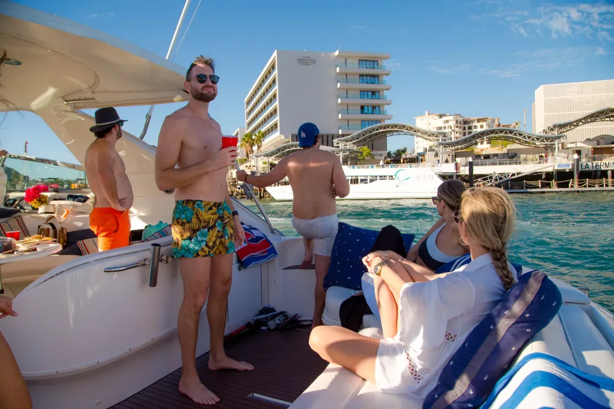Guests on the aft deck at the marina