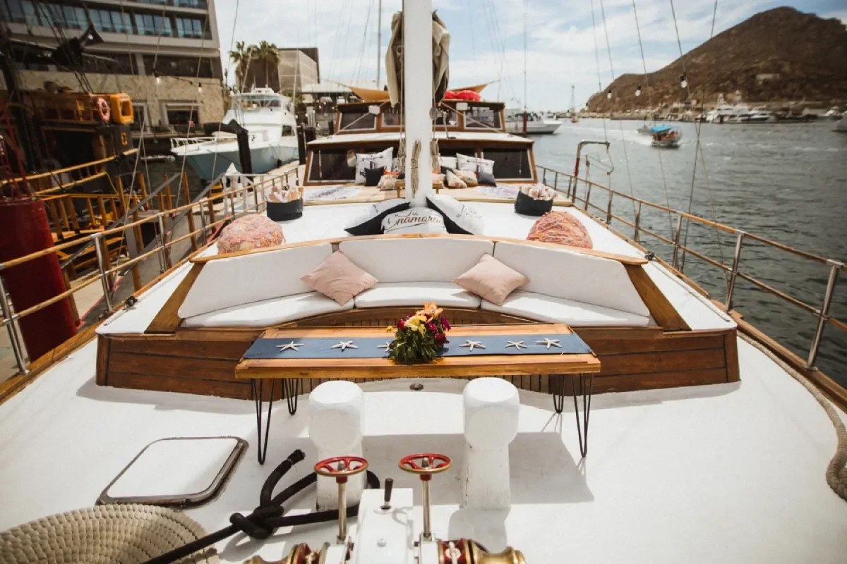 Cushioned lounge area on the sailing yacht's deck