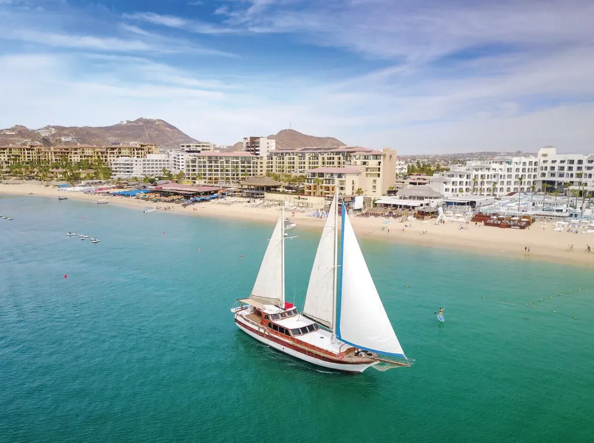 Aerial view of the sailing yacht off Médano Beach