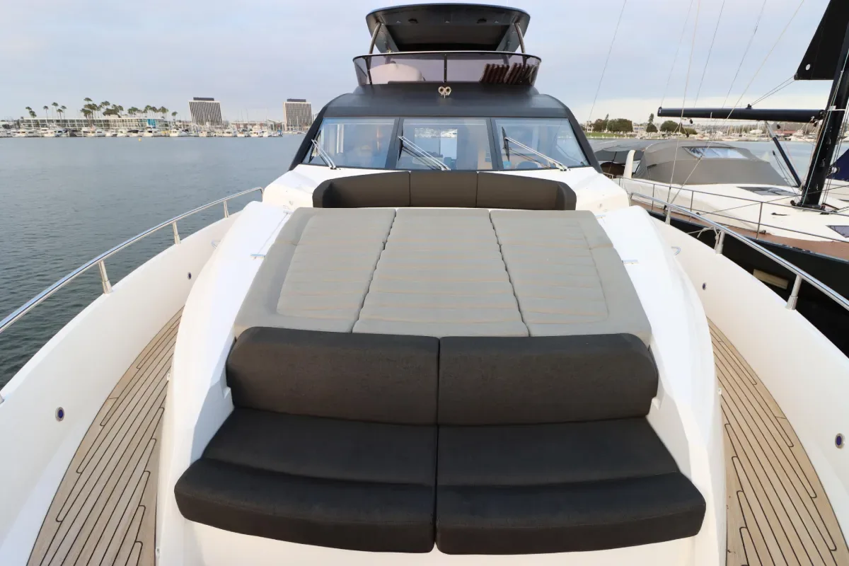 Foredeck lounge with dark cushions